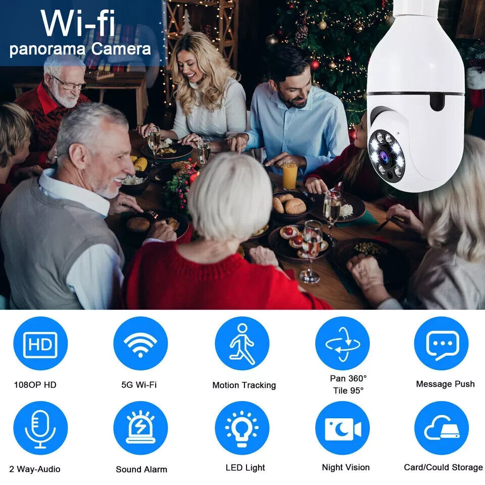Panorama Screw in Light Bulb Security Camera Outdoor 2.4G/5G WiFi 1080P Smart US