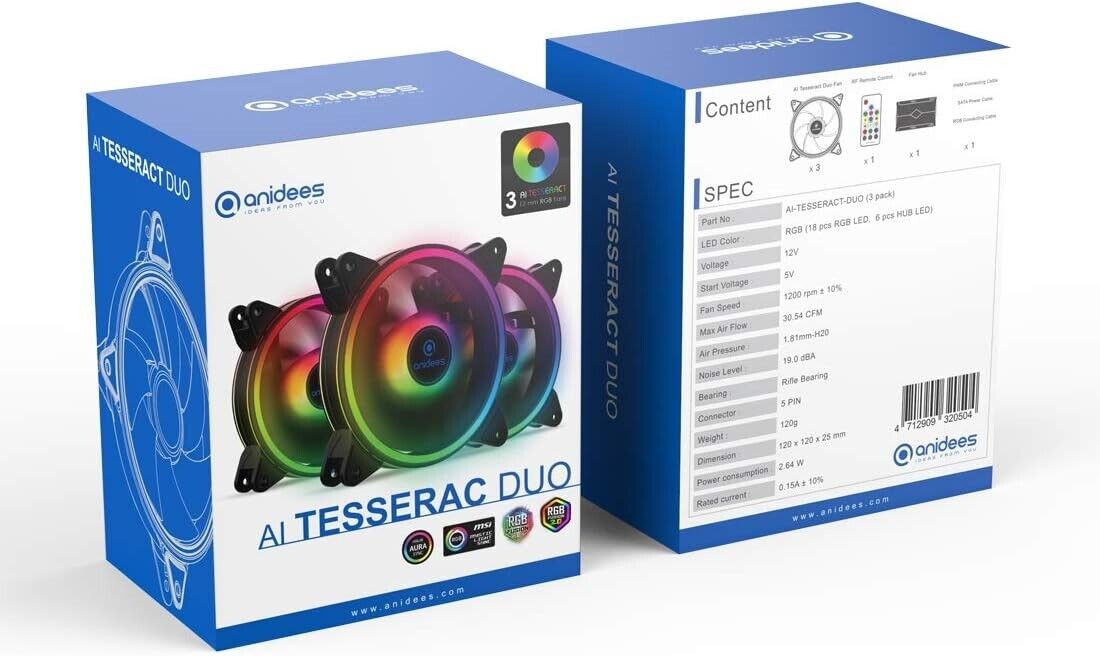 anidees AI Tesseract Duo 120mm RGB PWM Fan for ASUS Aura, MSI Mystic, 3pcs