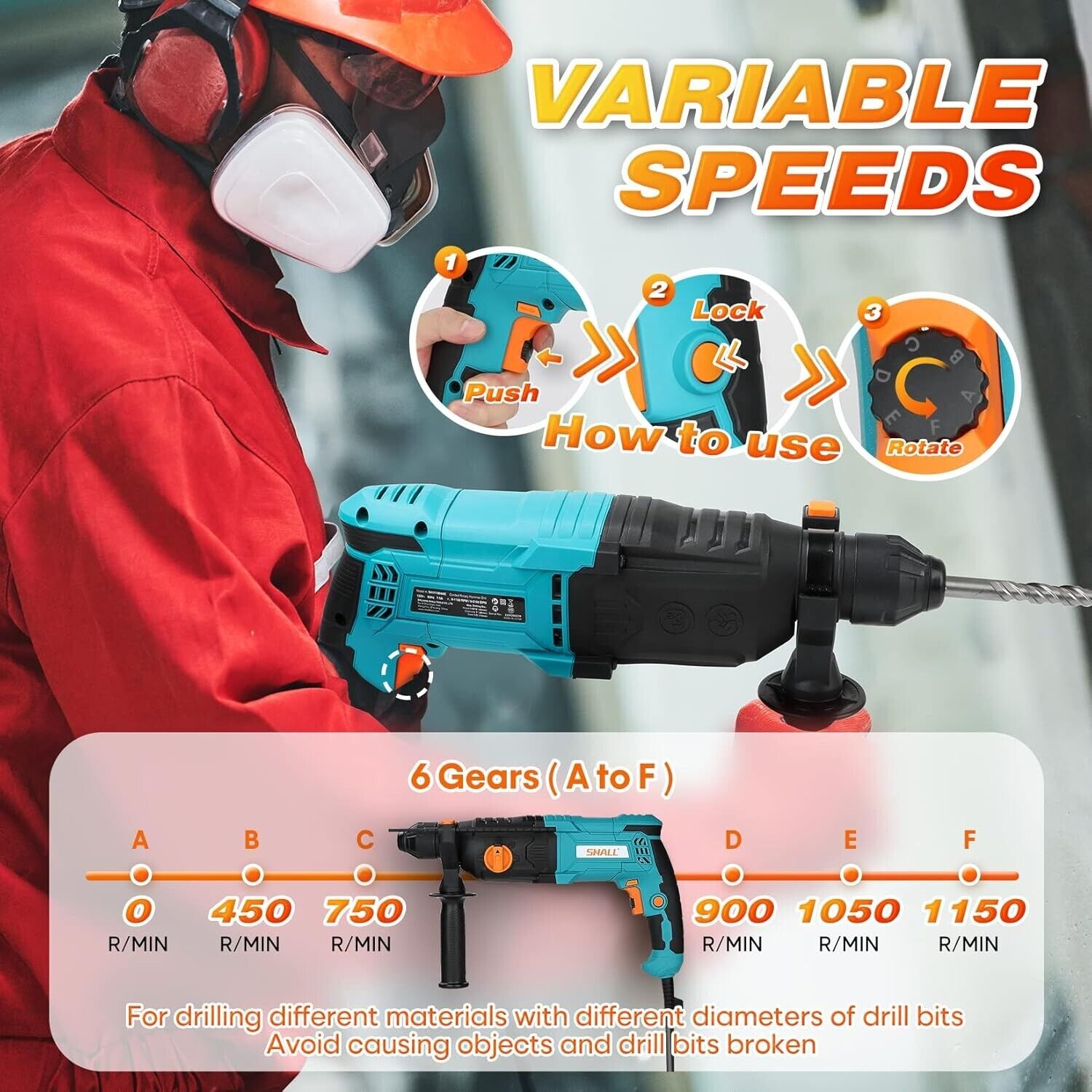 Shall 1-Inch SDS Plus Rotary Hammer Drill 900W Rotary 6 Variable Speed Chiseling