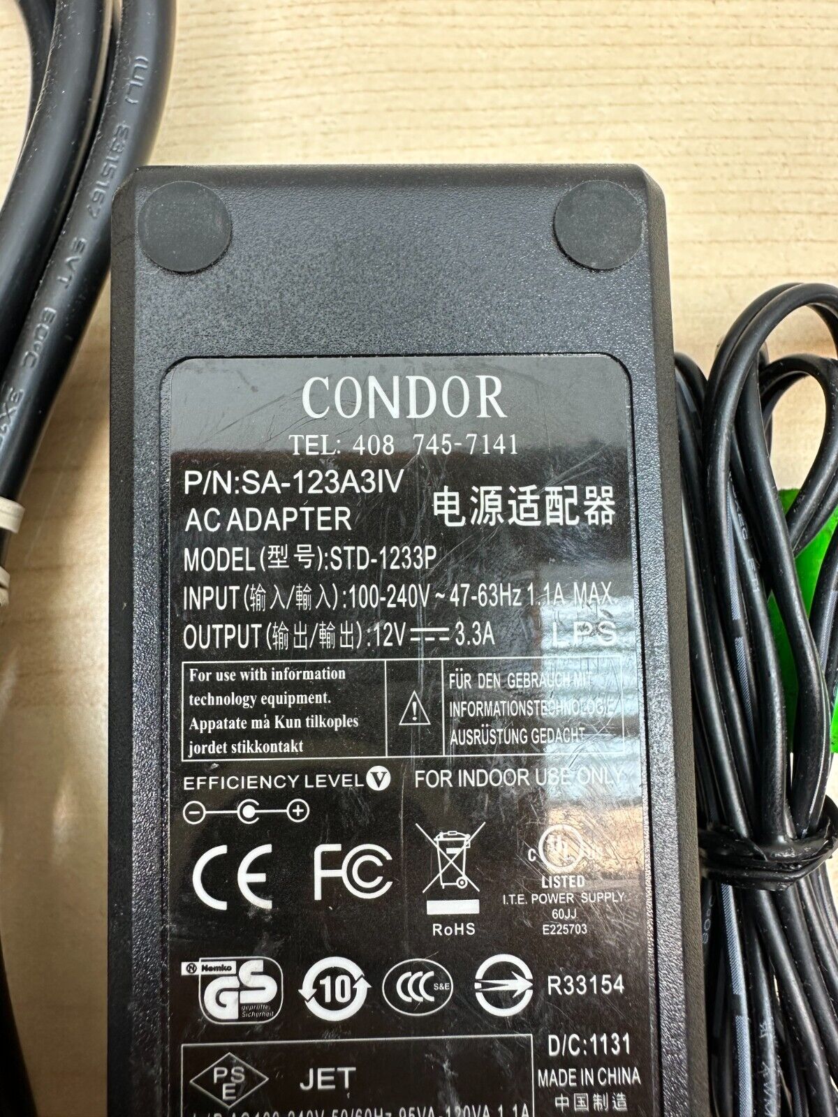 CONDOR SA-123A3IV AC/DC Adapter Power Supply 12v 3.3A STD-1233P