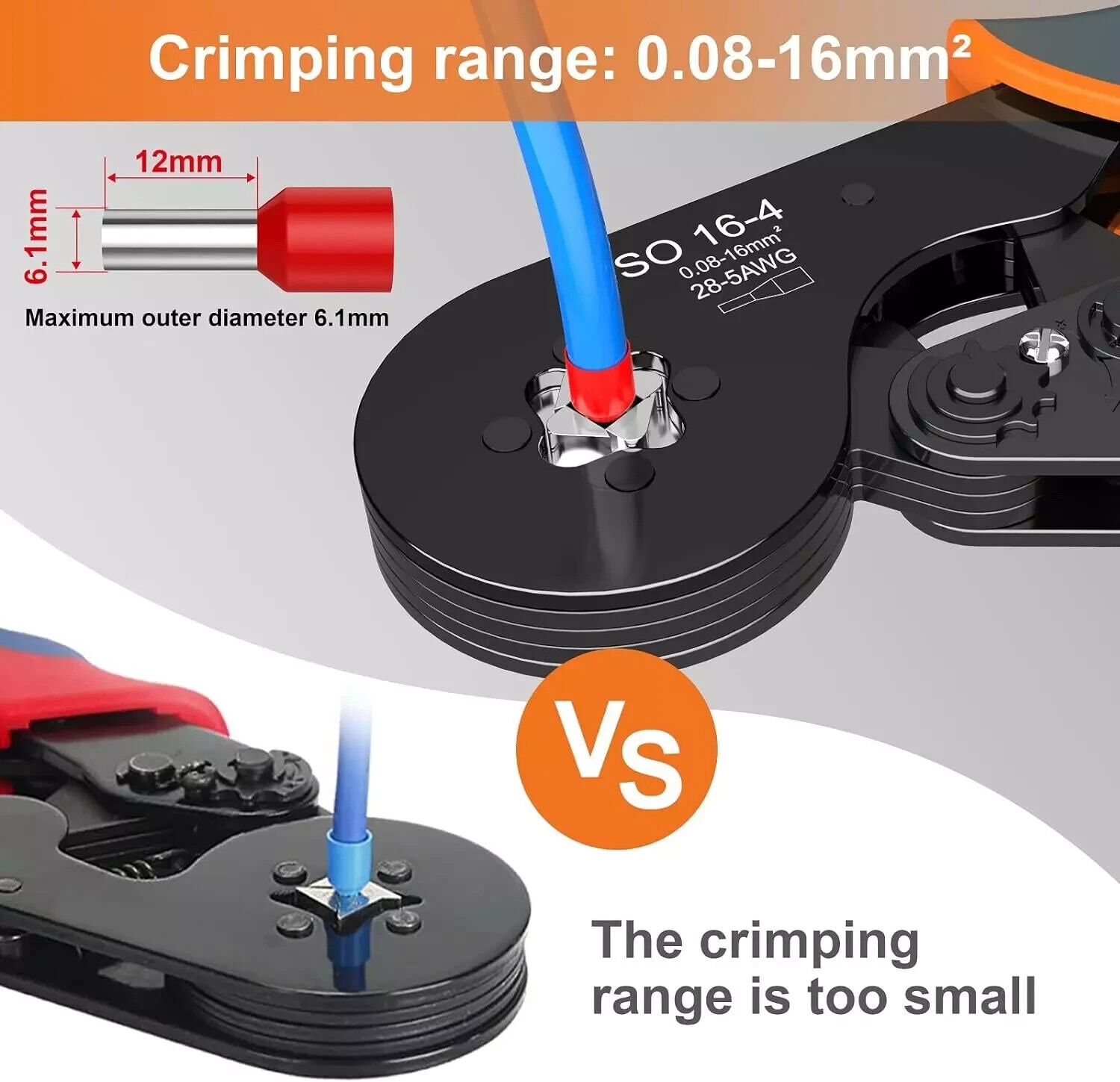 Wire Ferrule Crimping Tool 16-4 Square Jaw Wire Crimping Pliers AWG 28-5 0.08-16