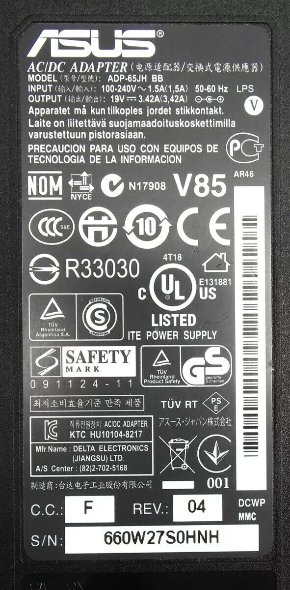 Genuine Asus Laptop Charger AC Adapter Power Supply ADP-65JH BB 19V 3.42A 65W