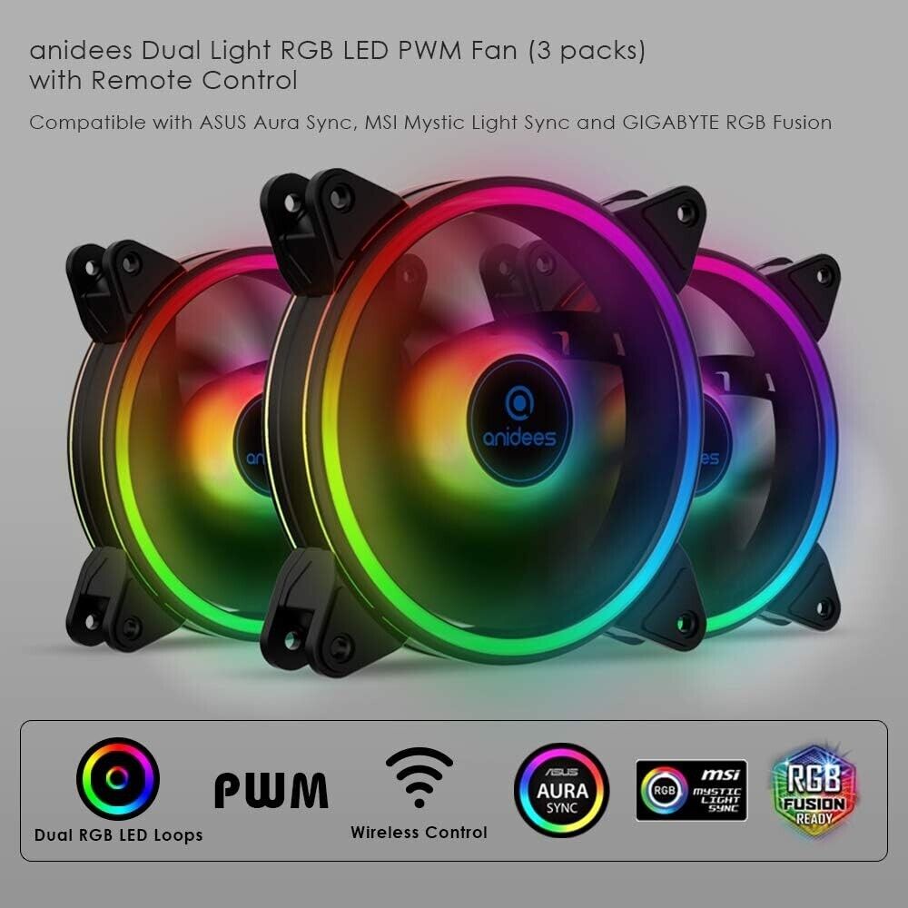 anidees AI Tesseract Duo 120mm RGB PWM Fan for ASUS Aura, MSI Mystic, 3pcs