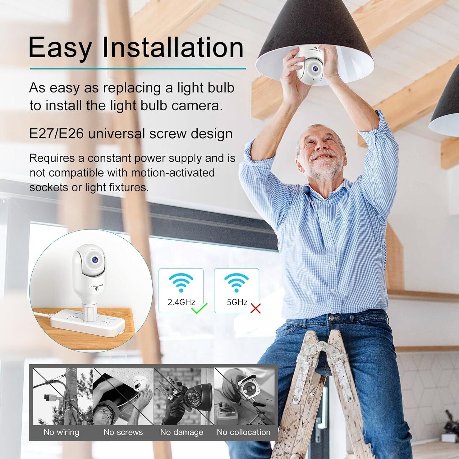 SYMYNELEC 2K Light Bulb Security Camera, 360° WiFi, Night Vision, 2-Way Talk