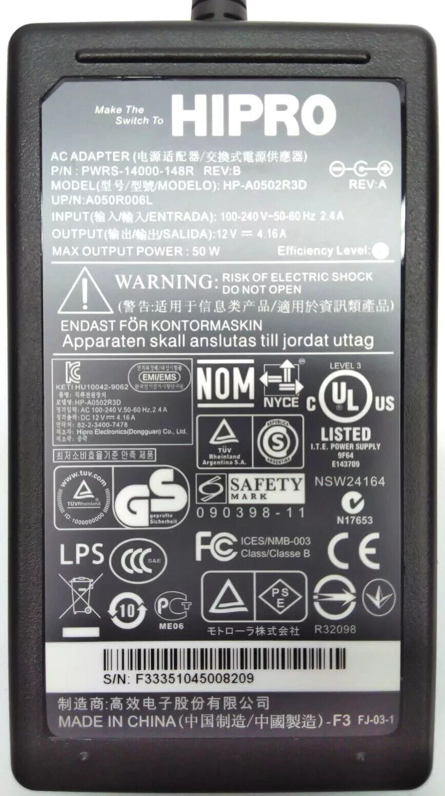 Hipro HP-A0502R3D AC Adapter 50W 12V 4.16A PWRS14000-148R for Motorola MC50