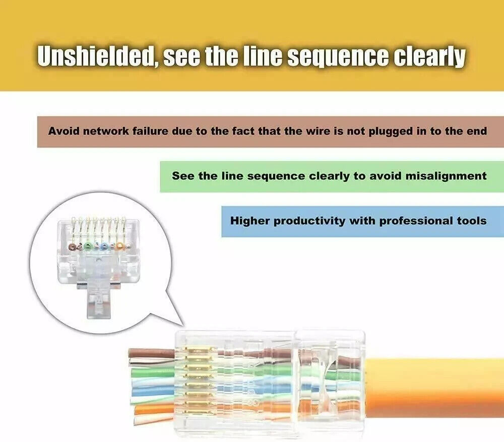 RJ45 Pass Through Modular Plug Network Cable Connector End 8P8C CAT6 CAT5 100x