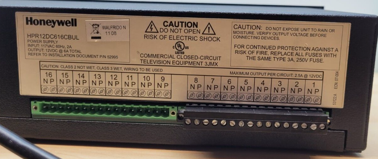 HONEYWELL Power HPR12DC616UL 16 12VDC Fuse Out @6A Rack Mount PS