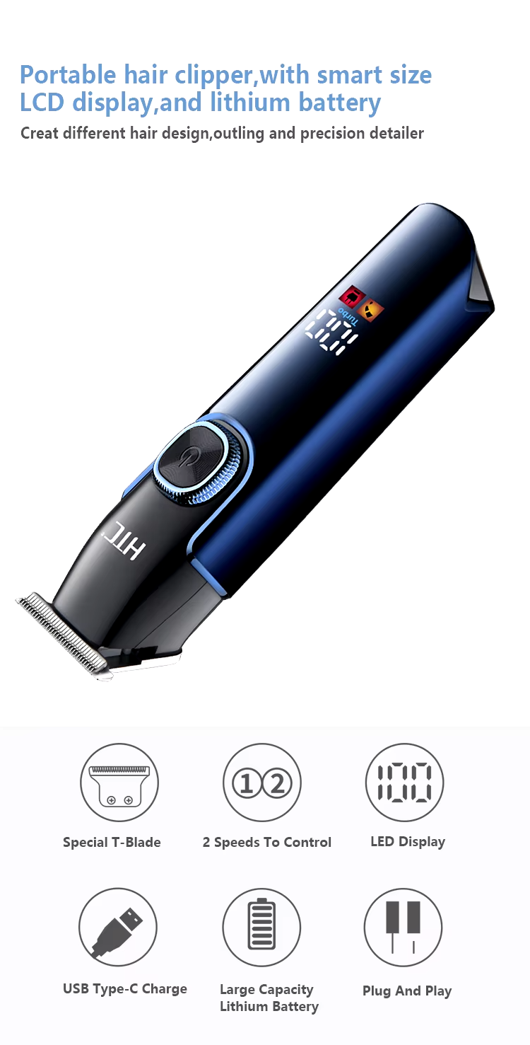HTC AT-588 Hair Clipper, Zero-Cut, LED Display, 2 Speeds, Lithium Battery