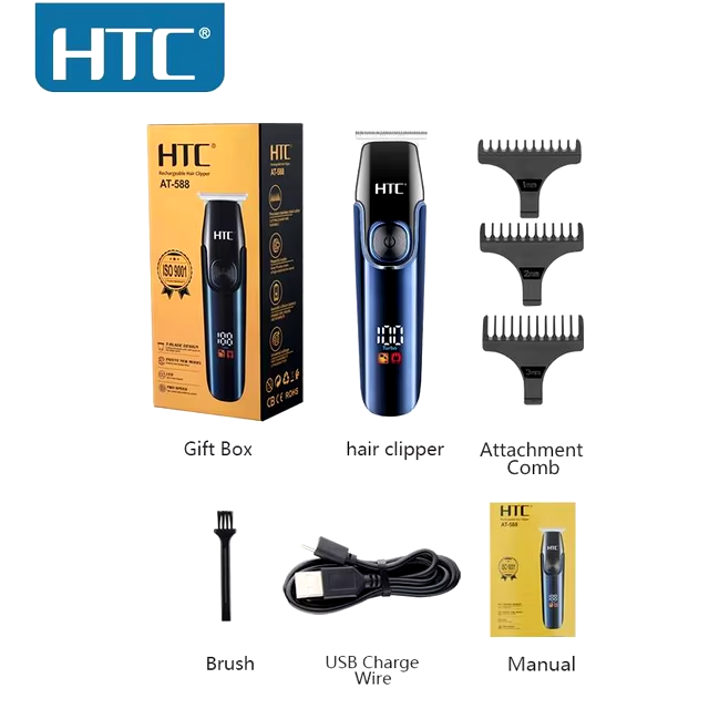 HTC AT-588 Hair Clipper, Zero-Cut, LED Display, 2 Speeds, Lithium Battery