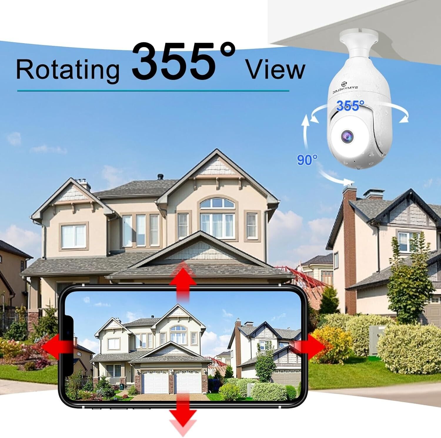 SYMYNELEC 2K Light Bulb Security Camera, 360° WiFi, Night Vision, 2-Way Talk