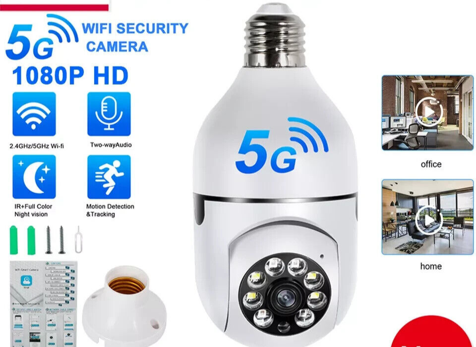 Panorama Screw in Light Bulb Security Camera Outdoor 2.4G/5G WiFi 1080P Smart US