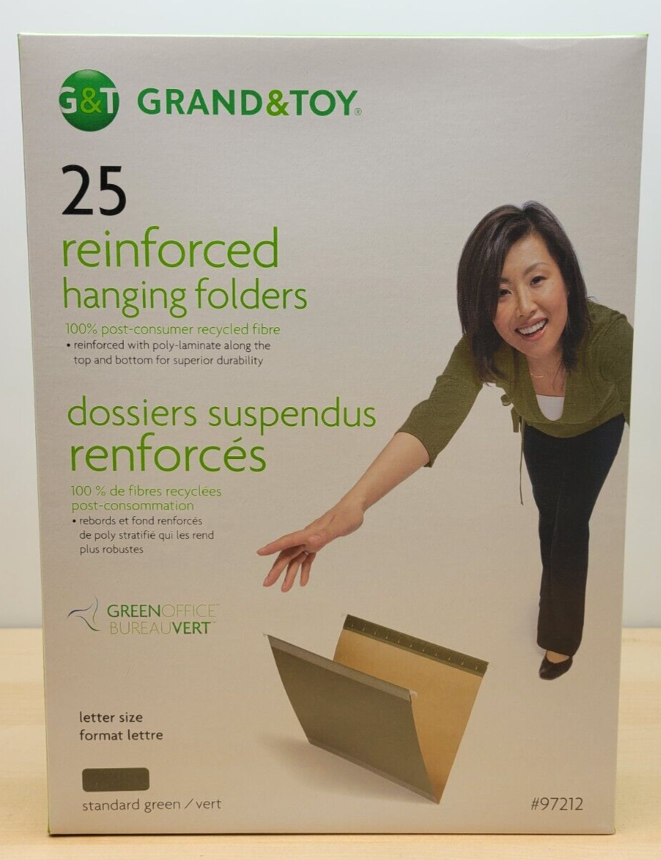 Grand & Toy Reinforced Hanging Folders Green Letter-Size (8 1/2" x 11") 25/Box