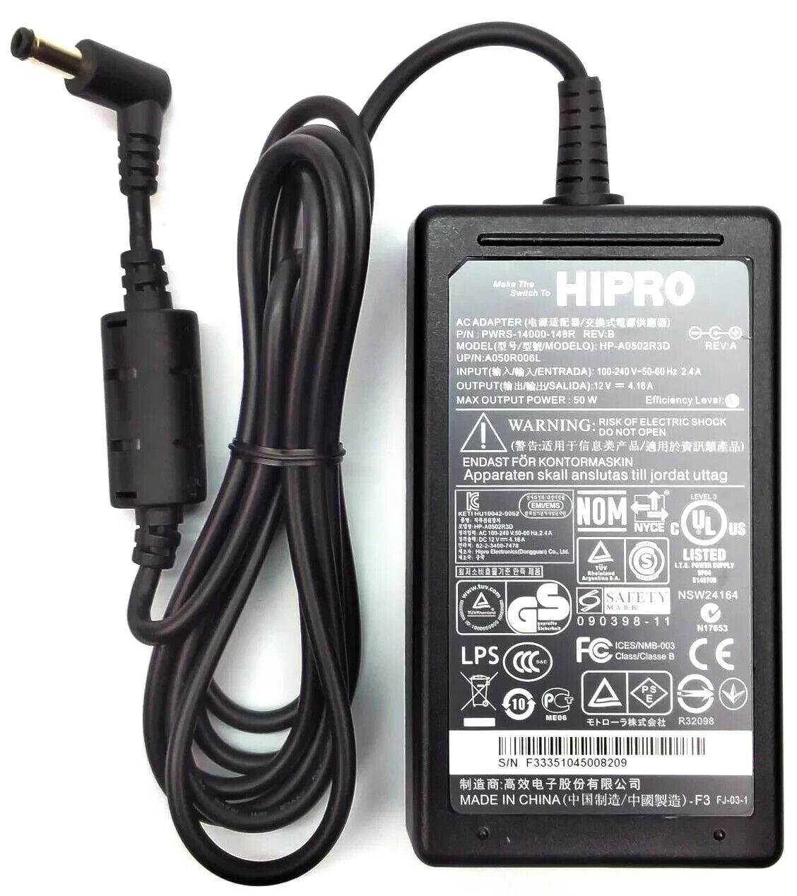 Hipro HP-A0502R3D AC Adapter 50W 12V 4.16A PWRS14000-148R for Motorola MC50