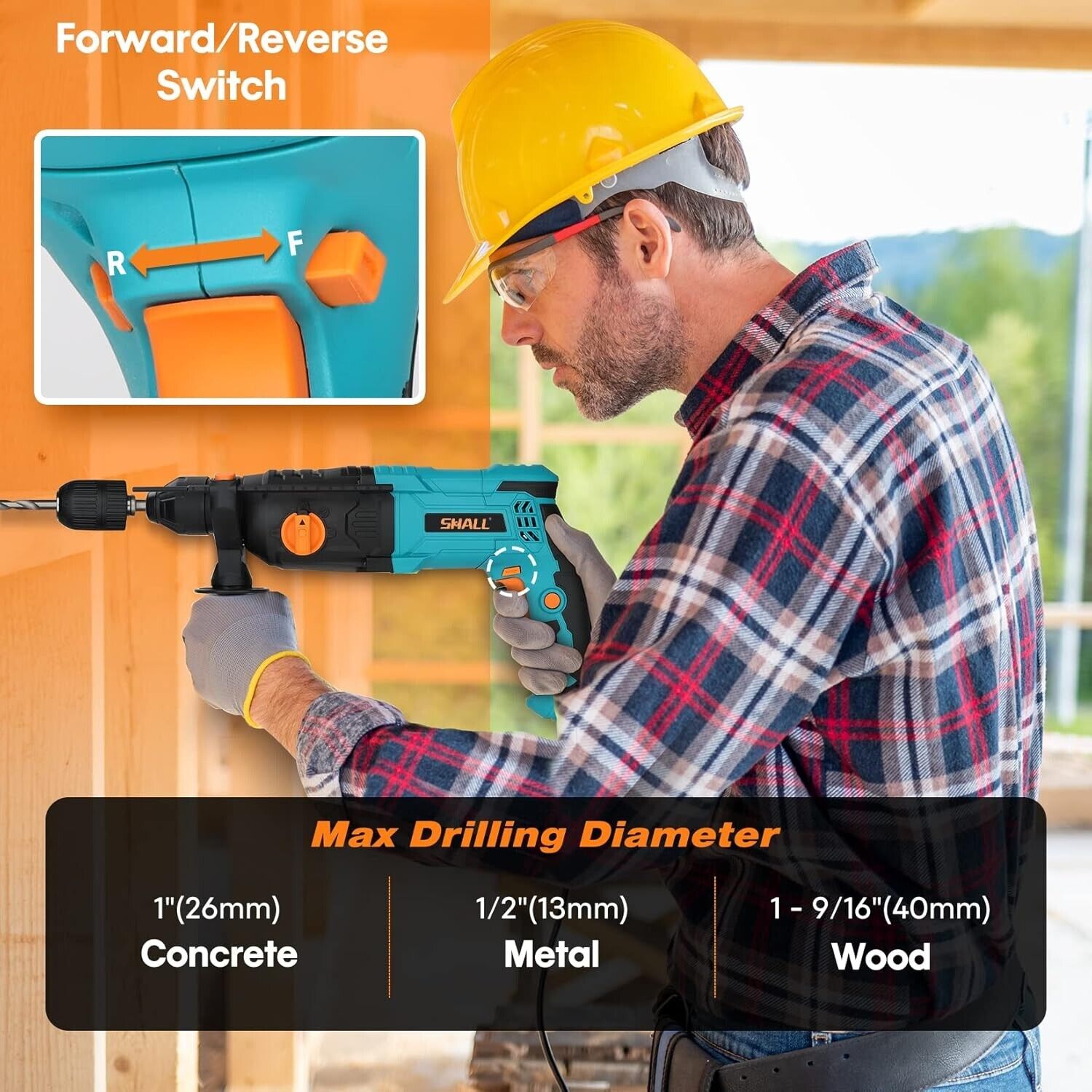 Shall 1-Inch SDS Plus Rotary Hammer Drill 900W Rotary 6 Variable Speed Chiseling