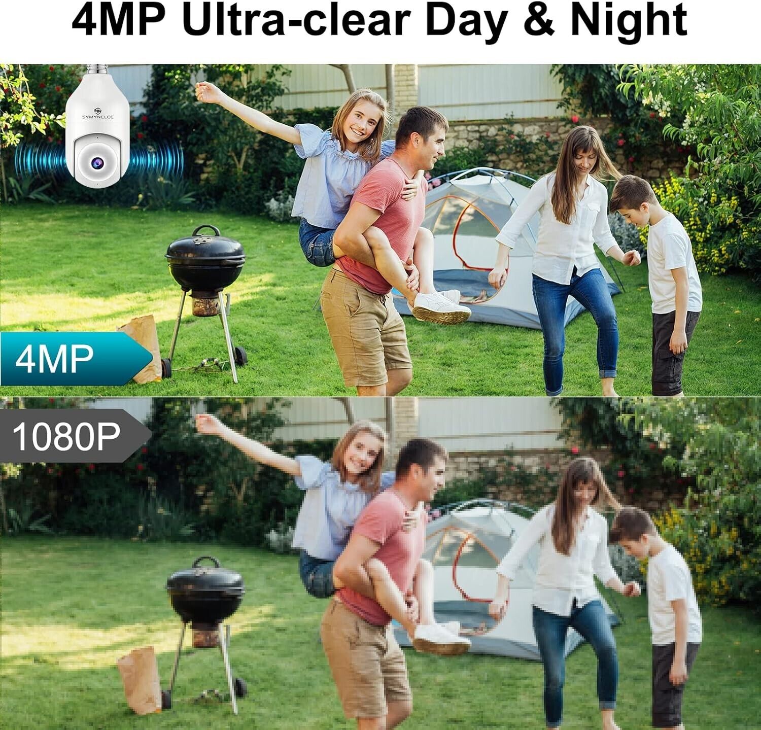 SYMYNELEC 2K Light Bulb Security Camera, 360° WiFi, Night Vision, 2-Way Talk