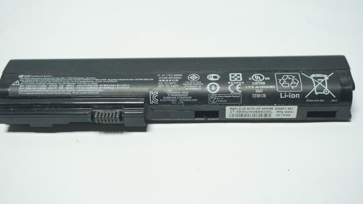 HP 632421-001 6 Cell 62Whr Laptop Battery for EliteBook 2560P 2570P Used