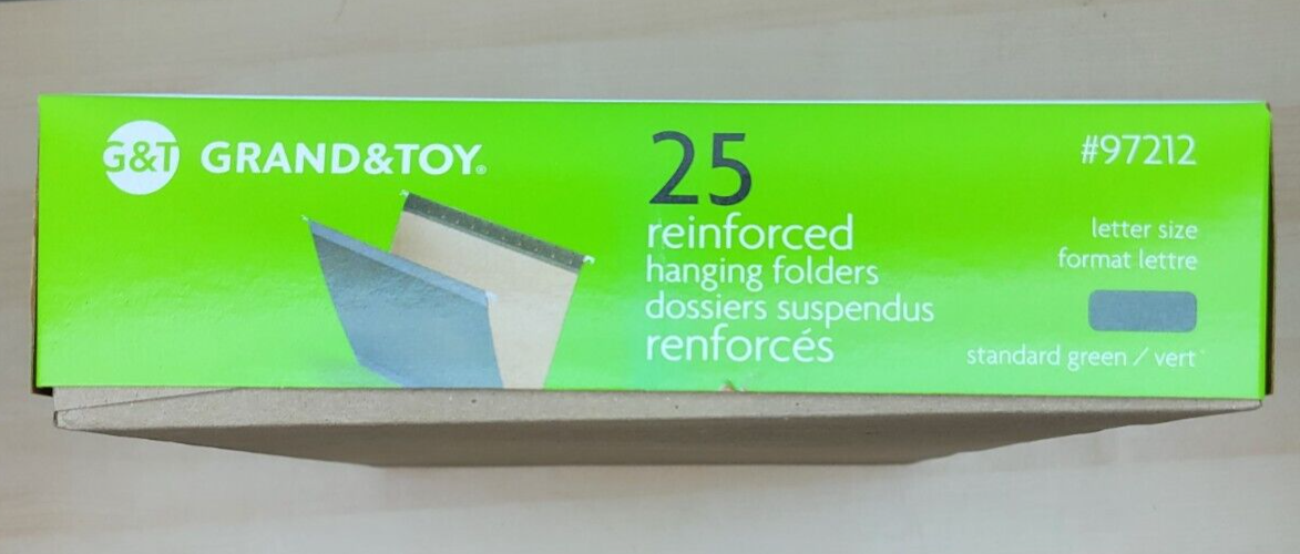 Grand & Toy Reinforced Hanging Folders Green Letter-Size (8 1/2" x 11") 25/Box
