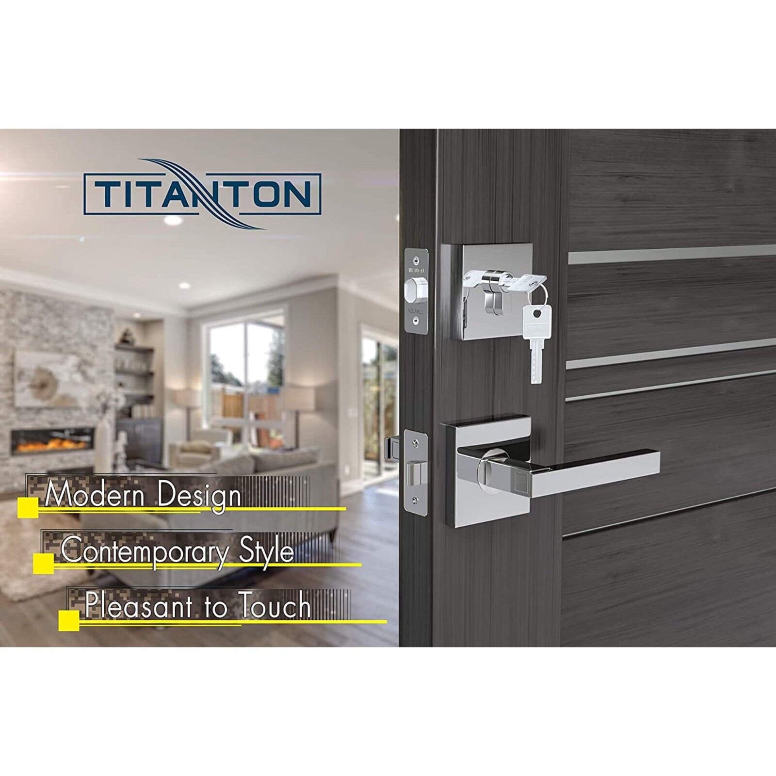 TITANTON 1721 - Modern Polished Chrome Door Handle Set - Passage, No Lock