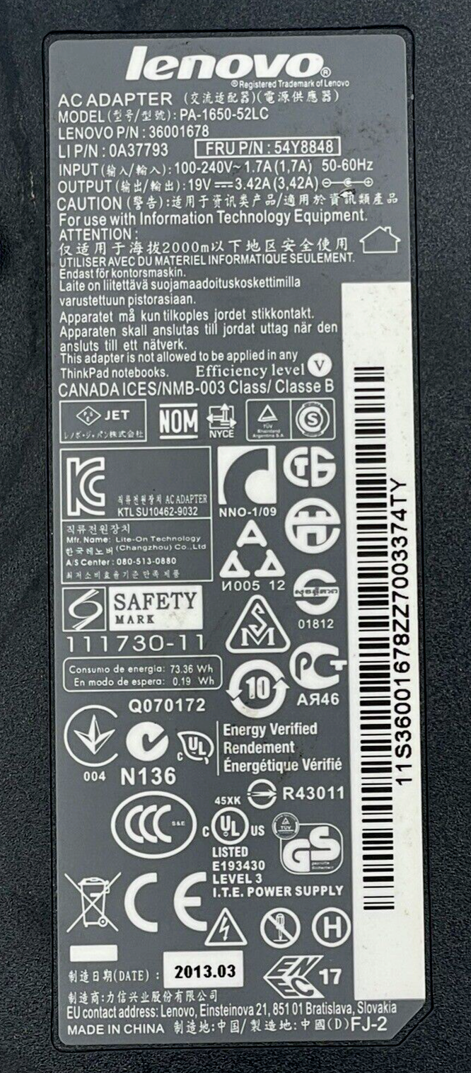 Genuine Lenovo M32 M72e M92 36001678 54Y8848 65W AC Adapter Charger PA-1650-52LC