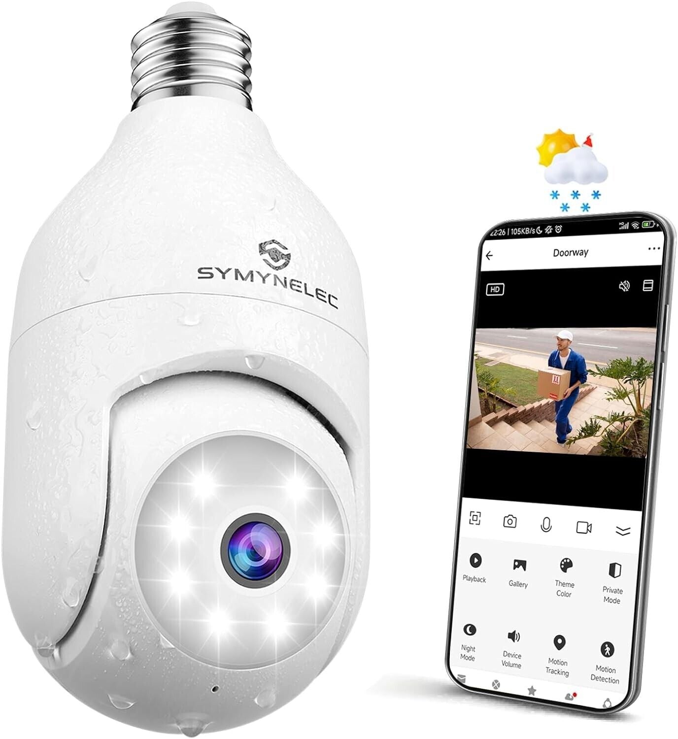 SYMYNELEC 2K Light Bulb Security Camera, 360° WiFi, Night Vision, 2-Way Talk