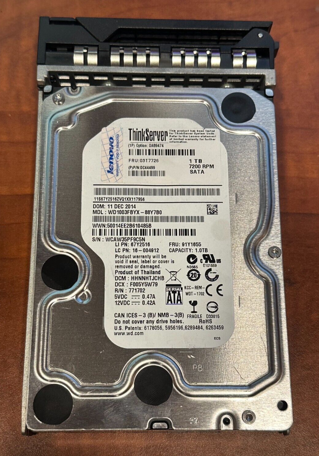 Lenovo ST1000NM0033 1TB 3.5" 6Gb/s 7.2K RPM SATA HDD W/Caddy FRU P/N: 03T7726