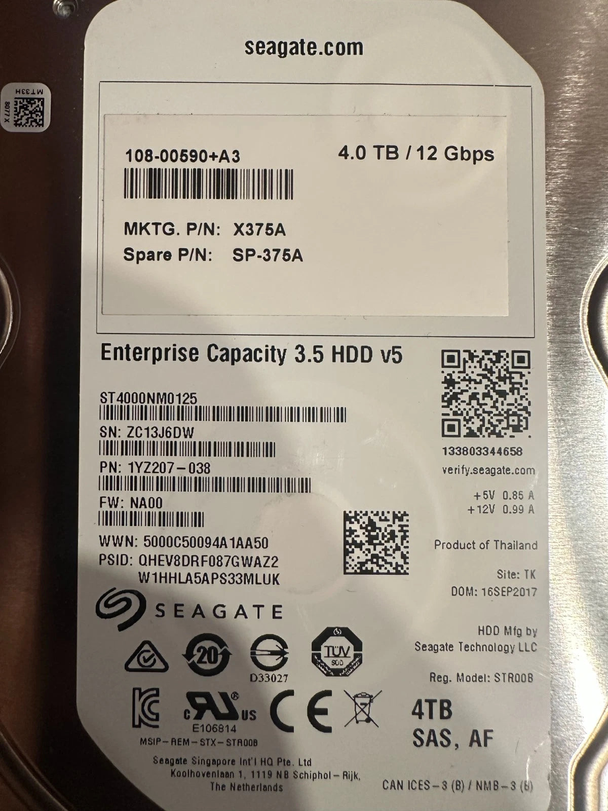 Seagate 4TB 7.2K SAS 12Gb/s 512e HDD ST4000NM0125 Enterprise Capacity 1YZ207-038