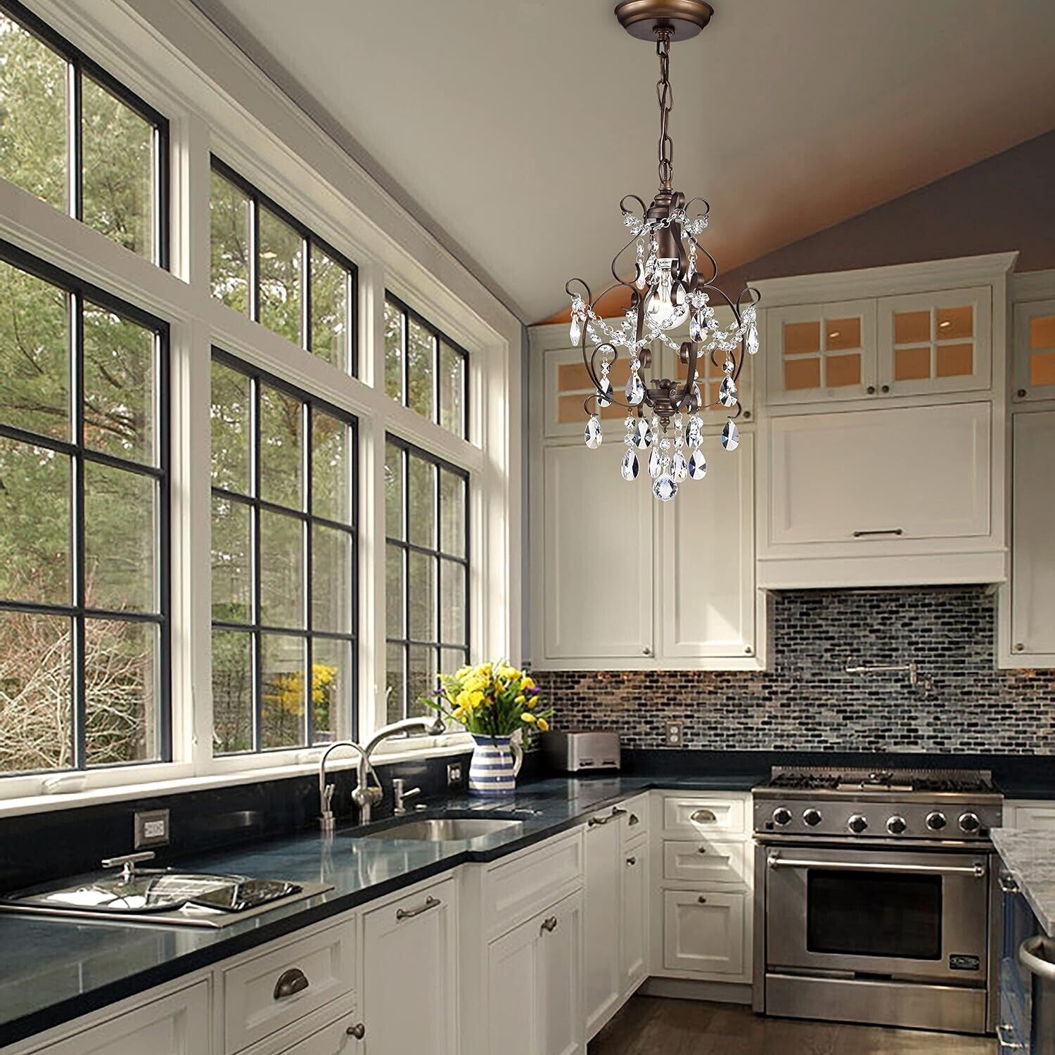 Mini Chandelier Antique Bronze 1-Light Adjustable Height Ceiling Crystal