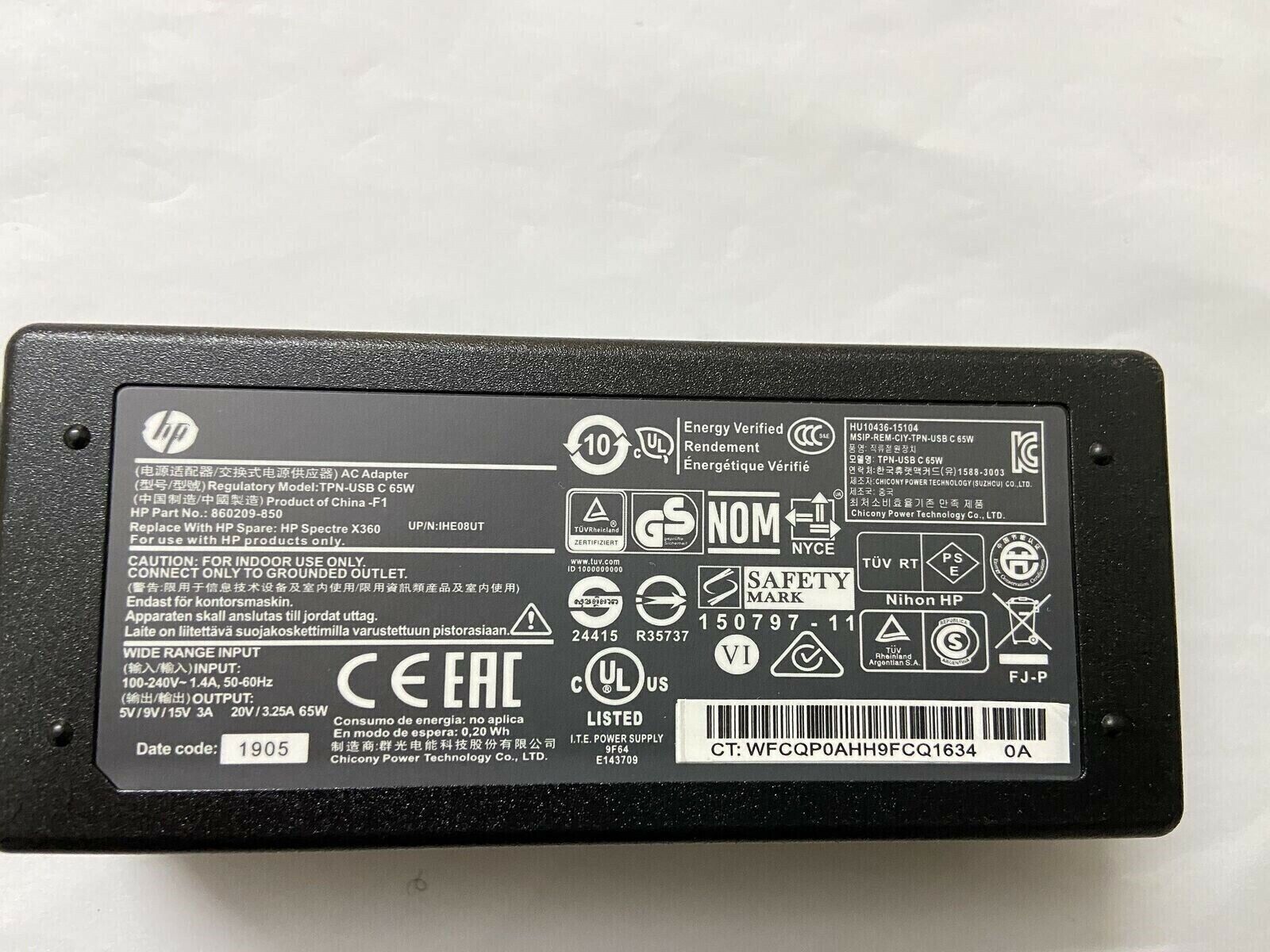 NEW Genuine 65W USB Type C Adapter Charger for H P Spectre x360 13 15 TPN-CA10