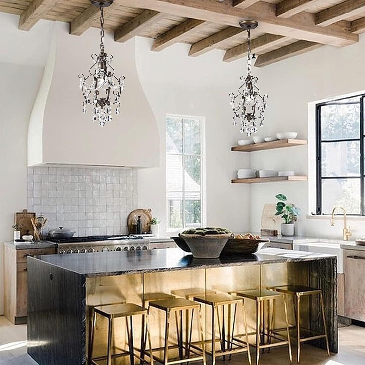 Mini Chandelier Antique Bronze 1-Light Adjustable Height Ceiling Crystal