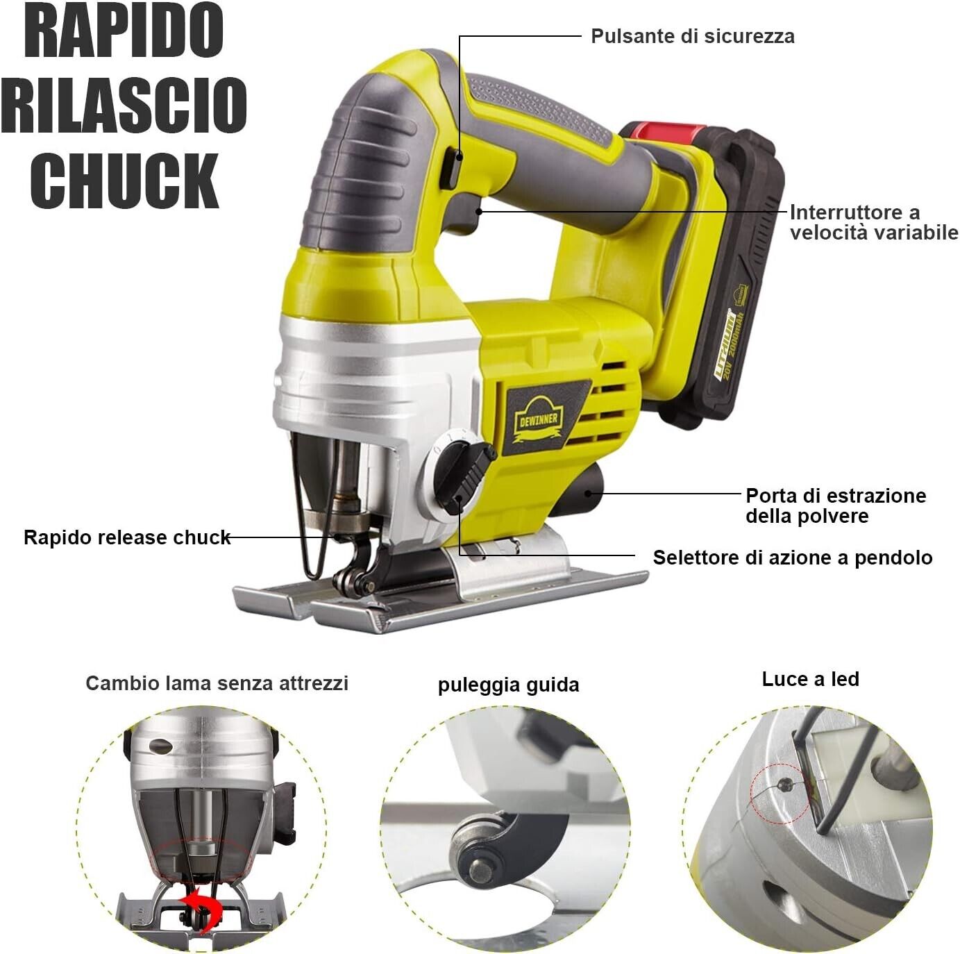 DEWINNER 20V Power Cordless Jigsaw 2.0Ah - 1 Battery, 1 Charger, 5 Blades, 0-240