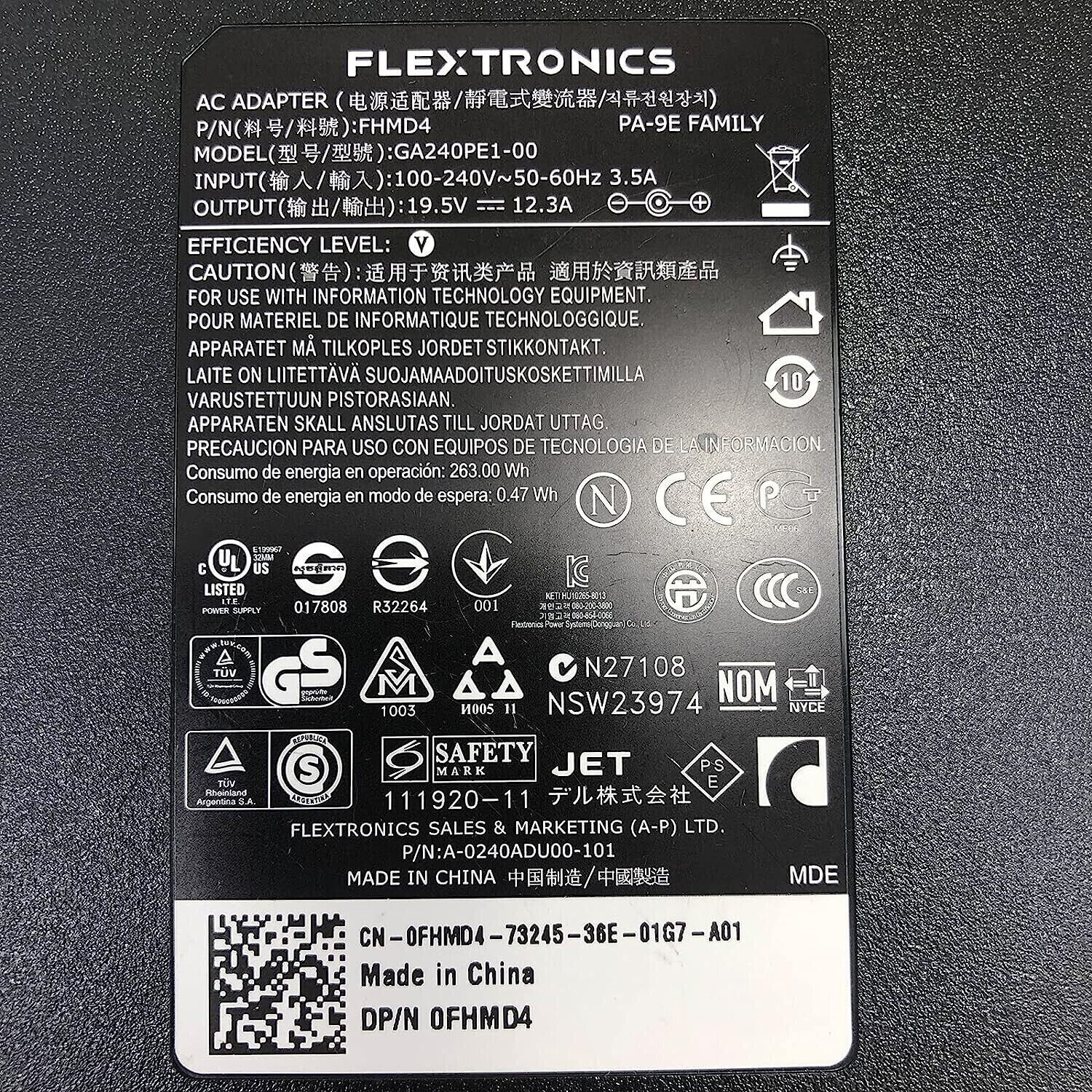 Genuine OEM Flextronic 240W 19.5V 12.3A AC Laptop Power Charger GA240PE1-00