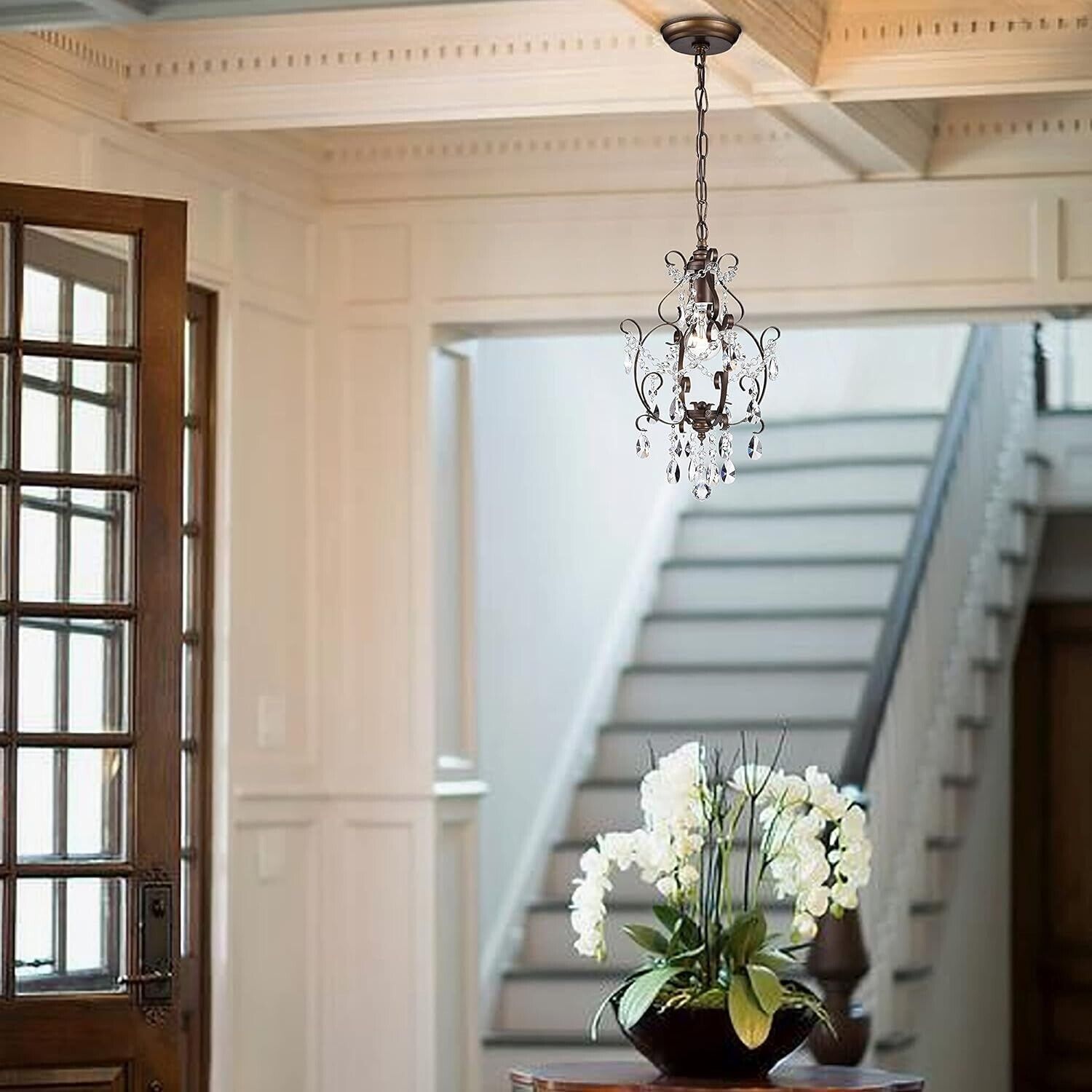 Mini Chandelier Antique Bronze 1-Light Adjustable Height Ceiling Crystal