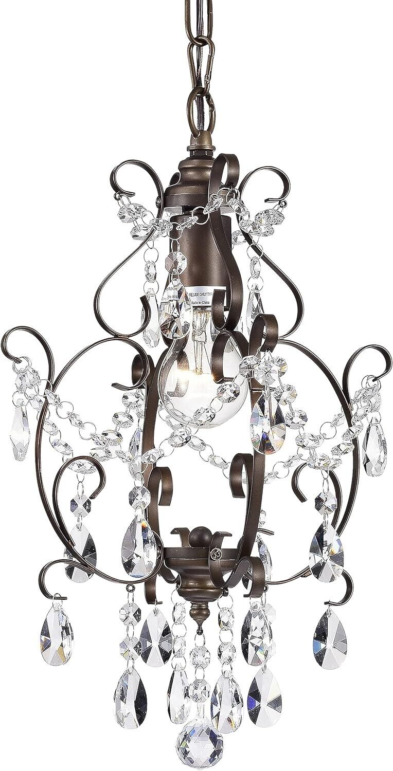 Mini Chandelier Antique Bronze 1-Light Adjustable Height Ceiling Crystal