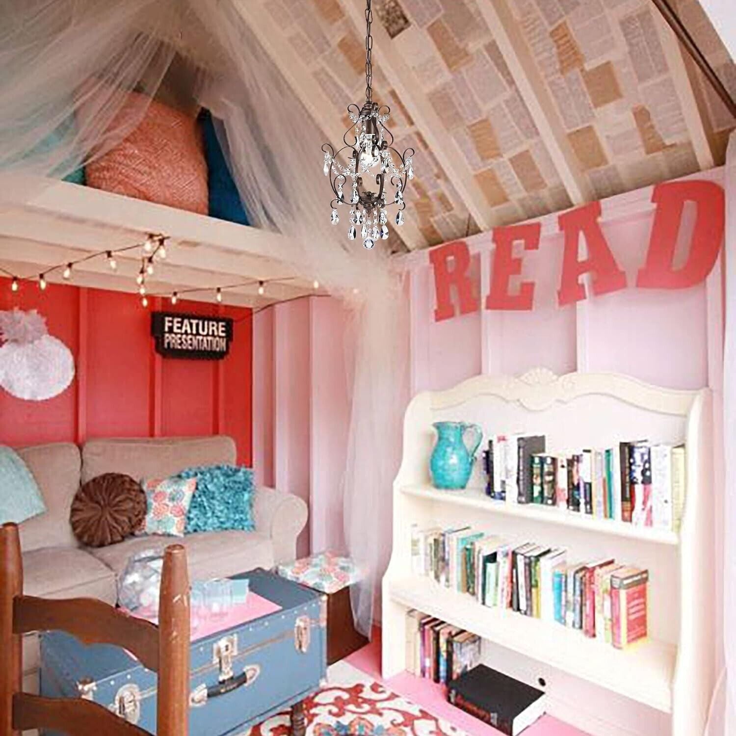 Mini Chandelier Antique Bronze 1-Light Adjustable Height Ceiling Crystal