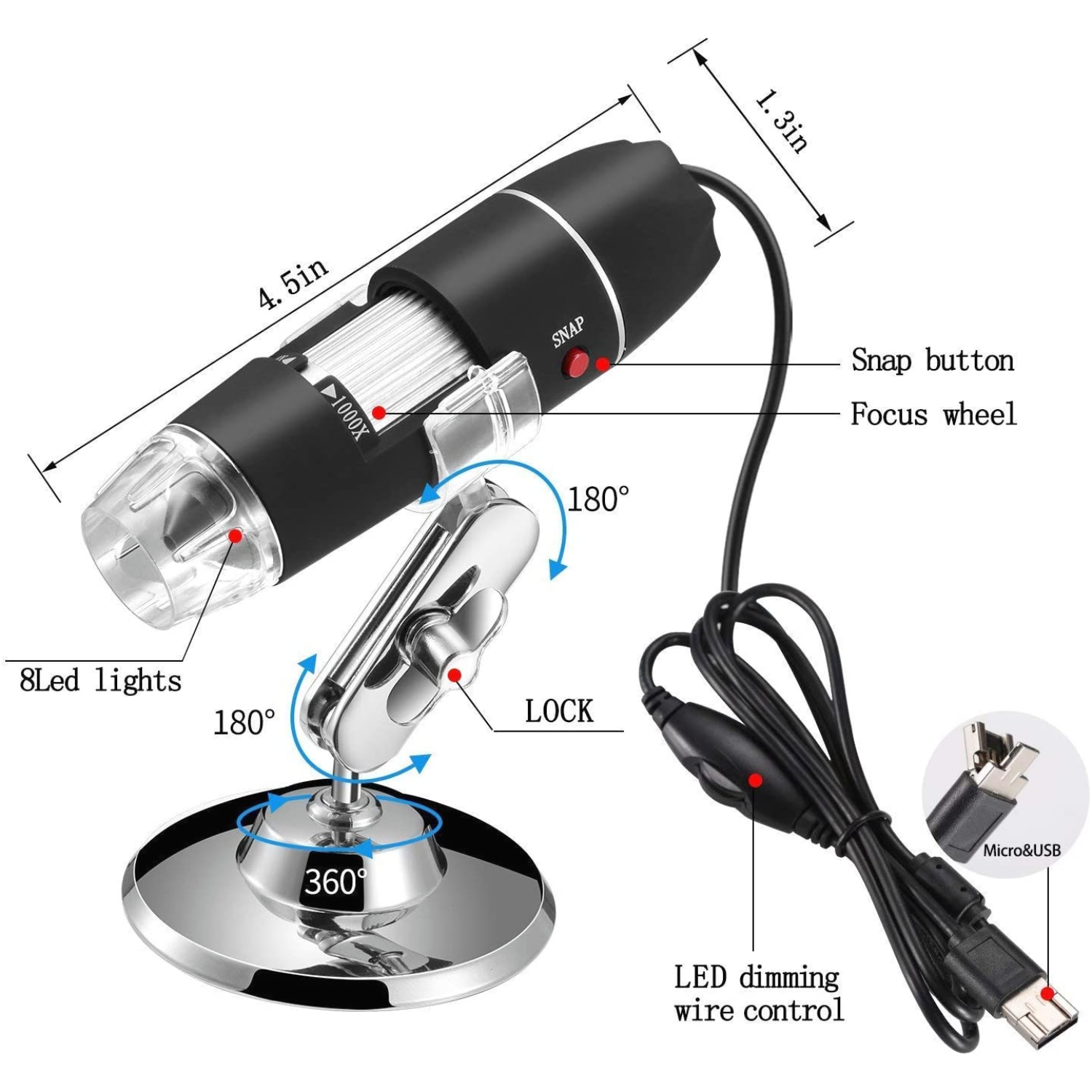 Jiusion 40 to 1000x Magnification Endoscope 8 LED USB 2 0 Digital Microscope