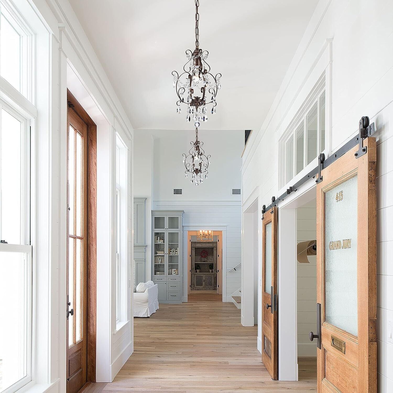 Mini Chandelier Antique Bronze 1-Light Adjustable Height Ceiling Crystal