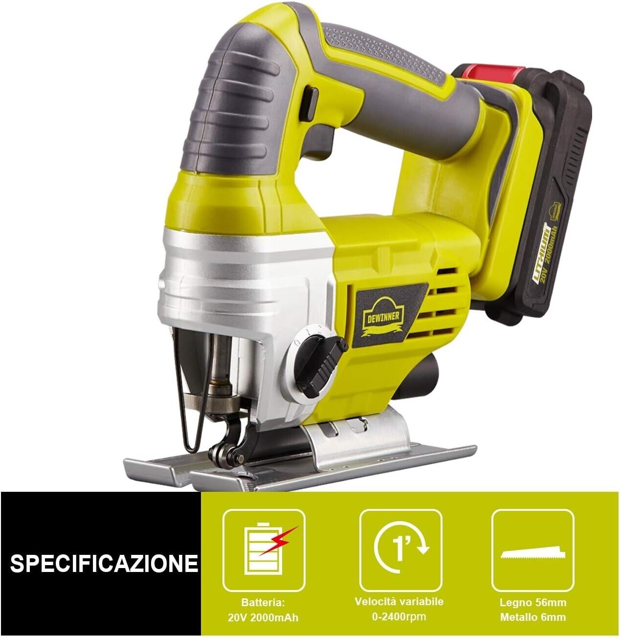 DEWINNER 20V Power Cordless Jigsaw 2.0Ah - 1 Battery, 1 Charger, 5 Blades, 0-240