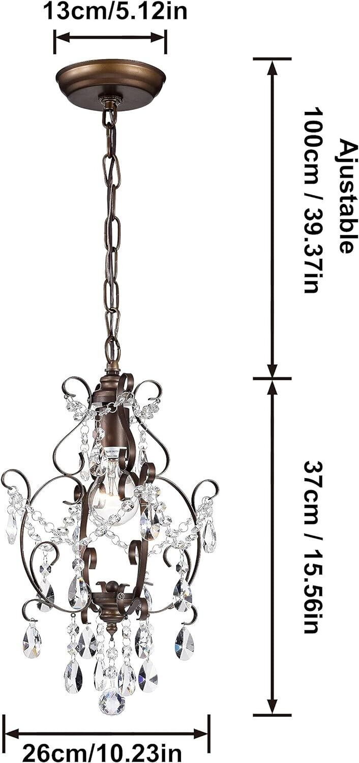 Mini Chandelier Antique Bronze 1-Light Adjustable Height Ceiling Crystal