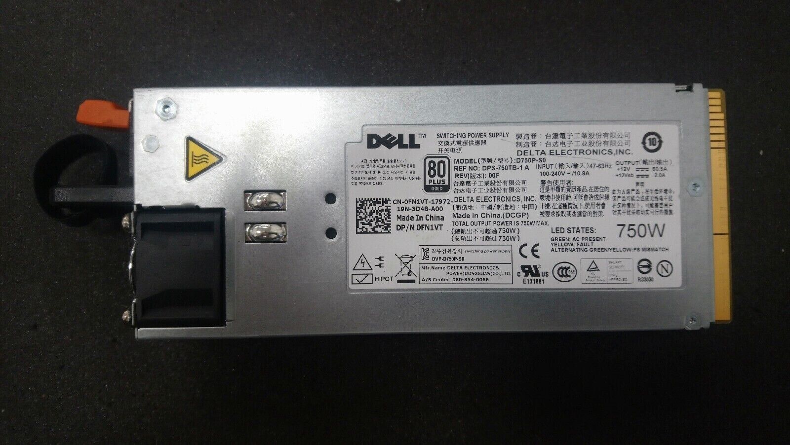 FN1VT Dell PowerEdge R510 R810 R910 T710 750W PSU Power Supply 0FN1VT