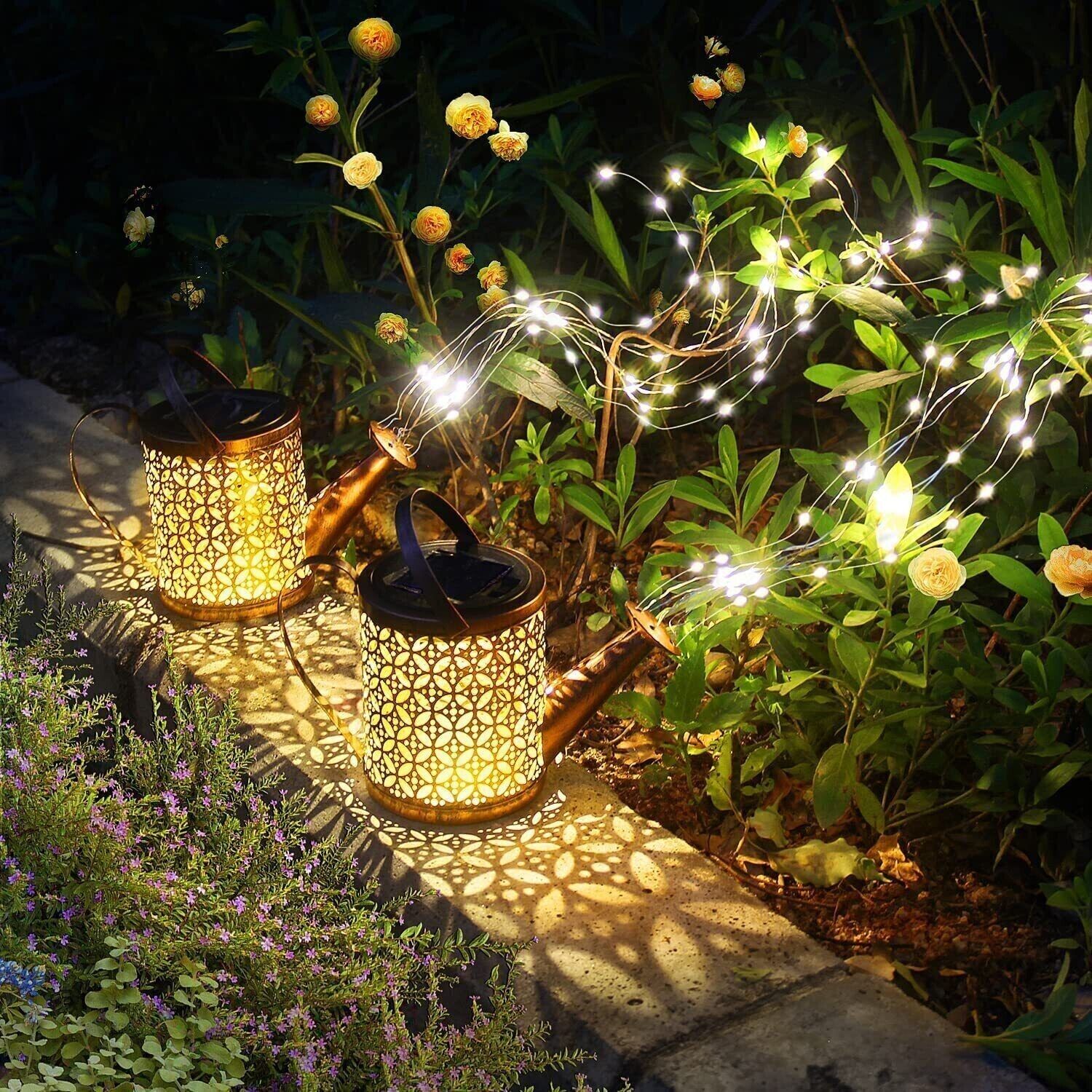 Solar LED Watering Can Fairy String Lights Outdoor Garden Yard Art Decor Lamps