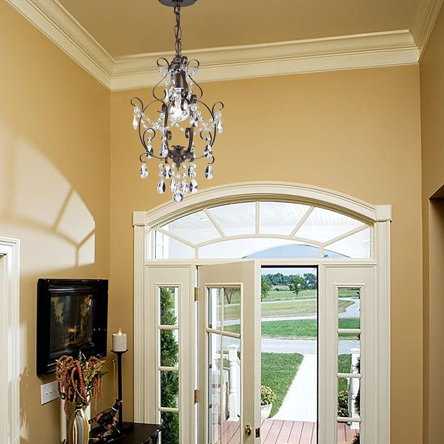 Mini Chandelier Antique Bronze 1-Light Adjustable Height Ceiling Crystal