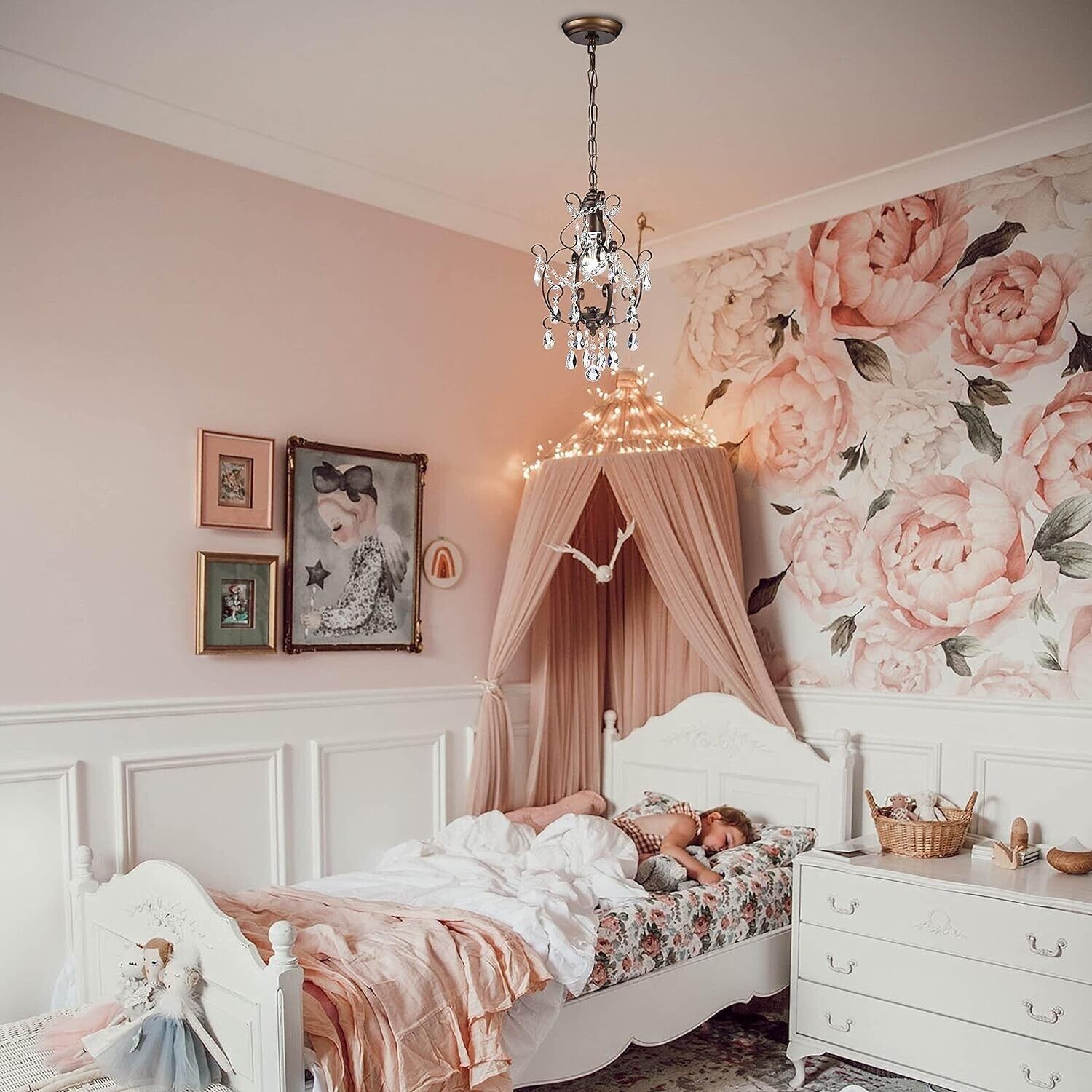 Mini Chandelier Antique Bronze 1-Light Adjustable Height Ceiling Crystal