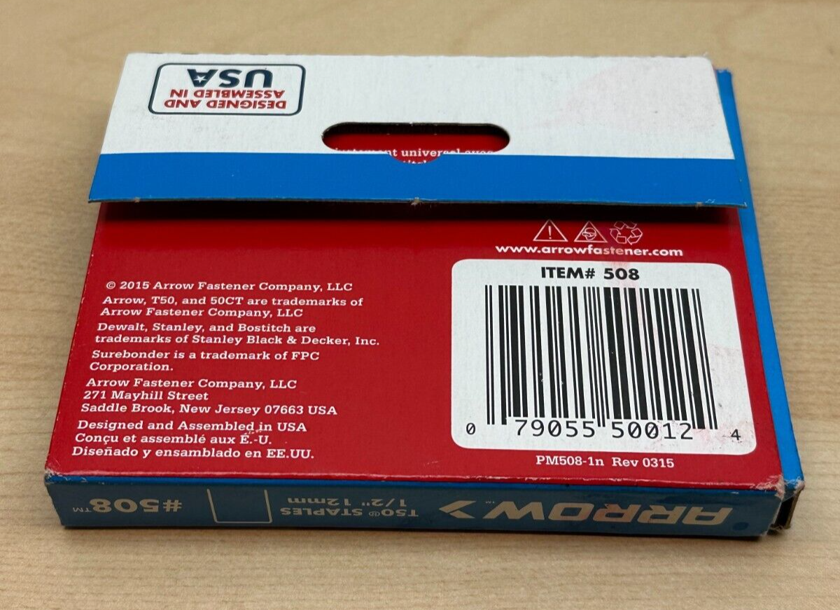 Arrow Fastener 1/2 inch T50 type staples box of 1250
