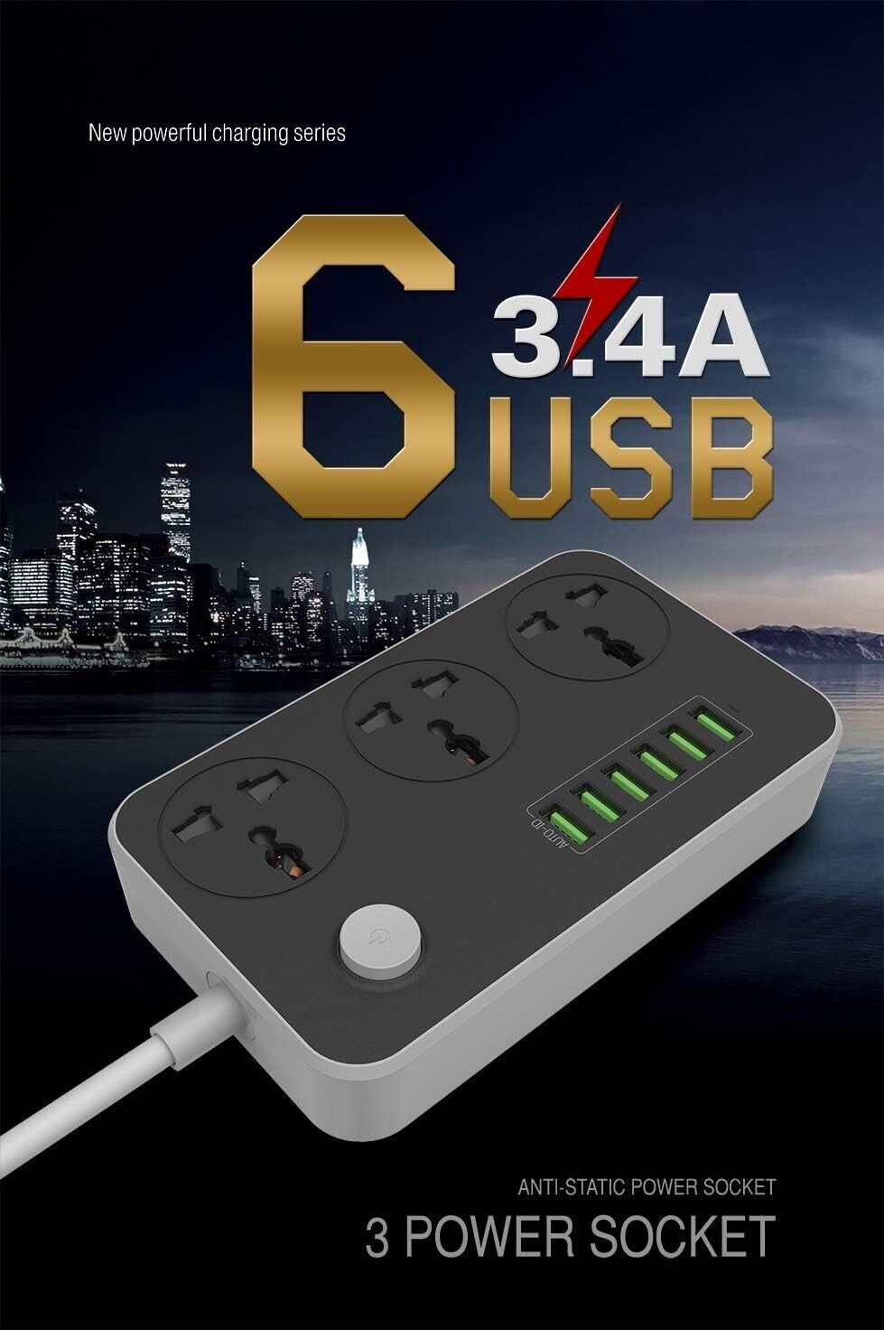 Power Strip with USB Ports 6 Outlets 6.5ft Cord 2500W Circuit Breaker Child Safe