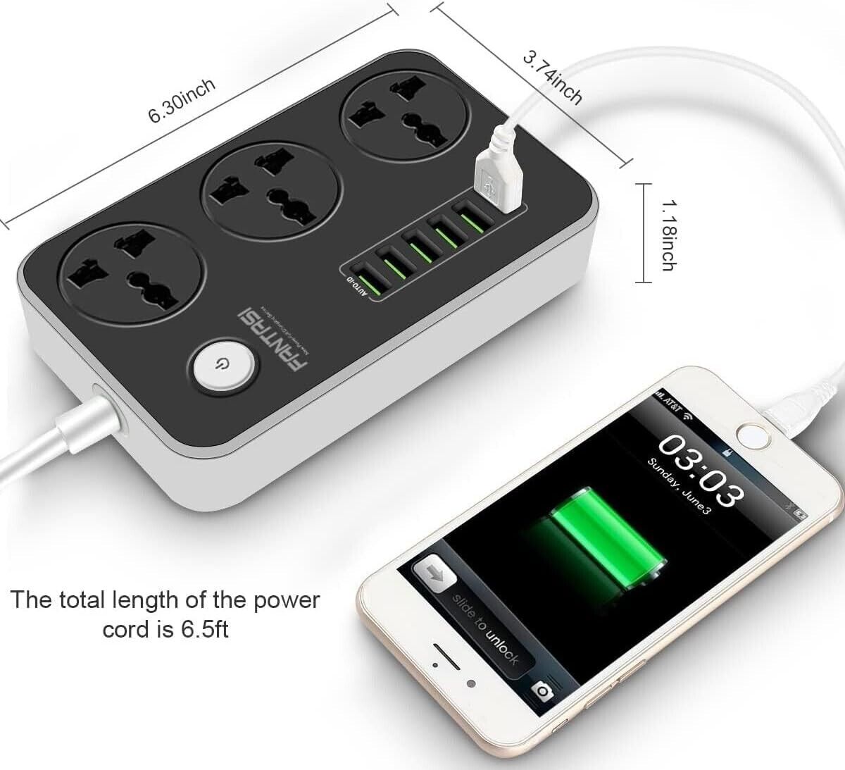 Power Strip with USB Ports 6 Outlets 6.5ft Cord 2500W Circuit Breaker Child Safe