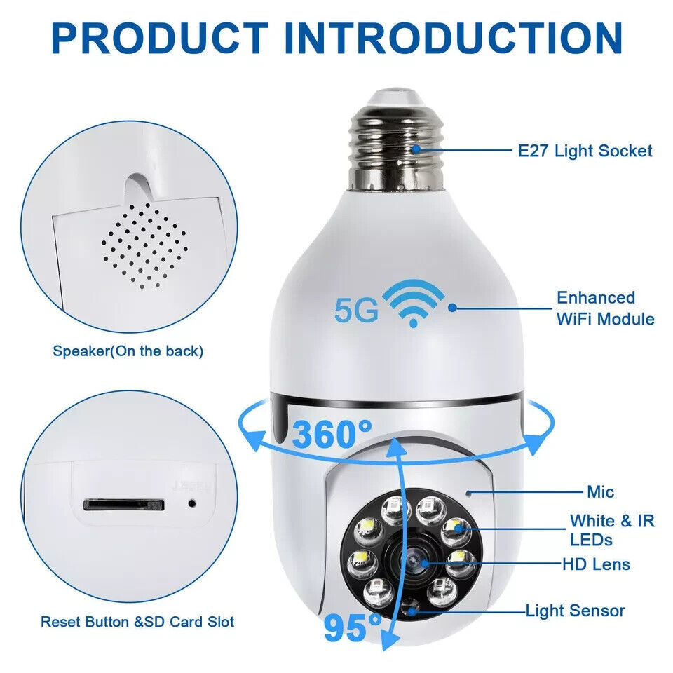 Panorama Screw in Light Bulb Security Camera Outdoor 2.4G/5G WiFi 1080P Smart US