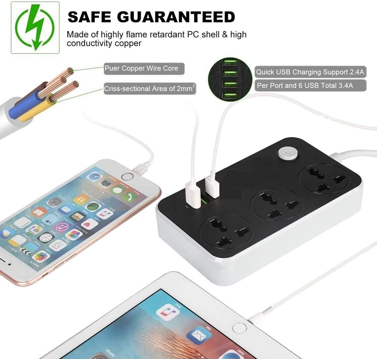 Power Strip with USB Ports 6 Outlets 6.5ft Cord 2500W Circuit Breaker Child Safe