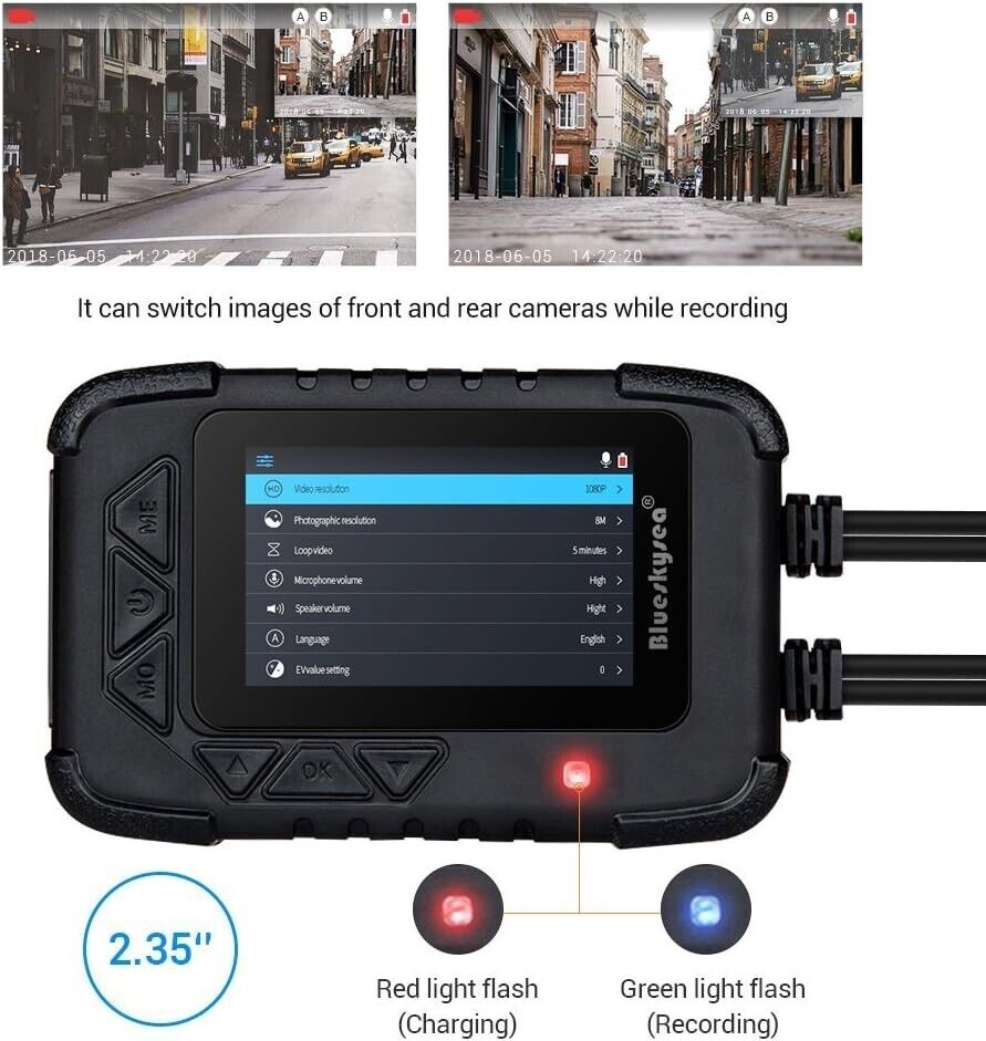Blueskysea DV688 Motorcycle Dash Cam 1080p Dual Lens Recording Camera 2.35" LCD