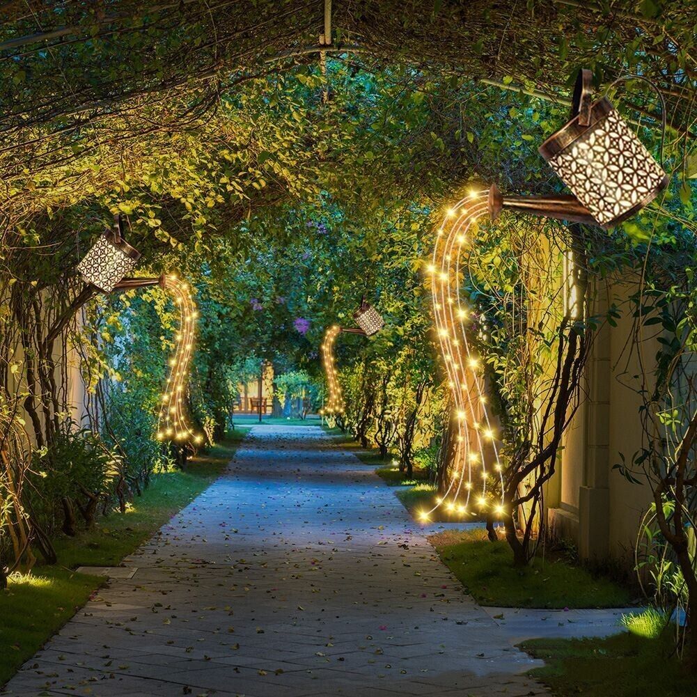 Solar LED Watering Can Fairy String Lights Outdoor Garden Yard Art Decor Lamps