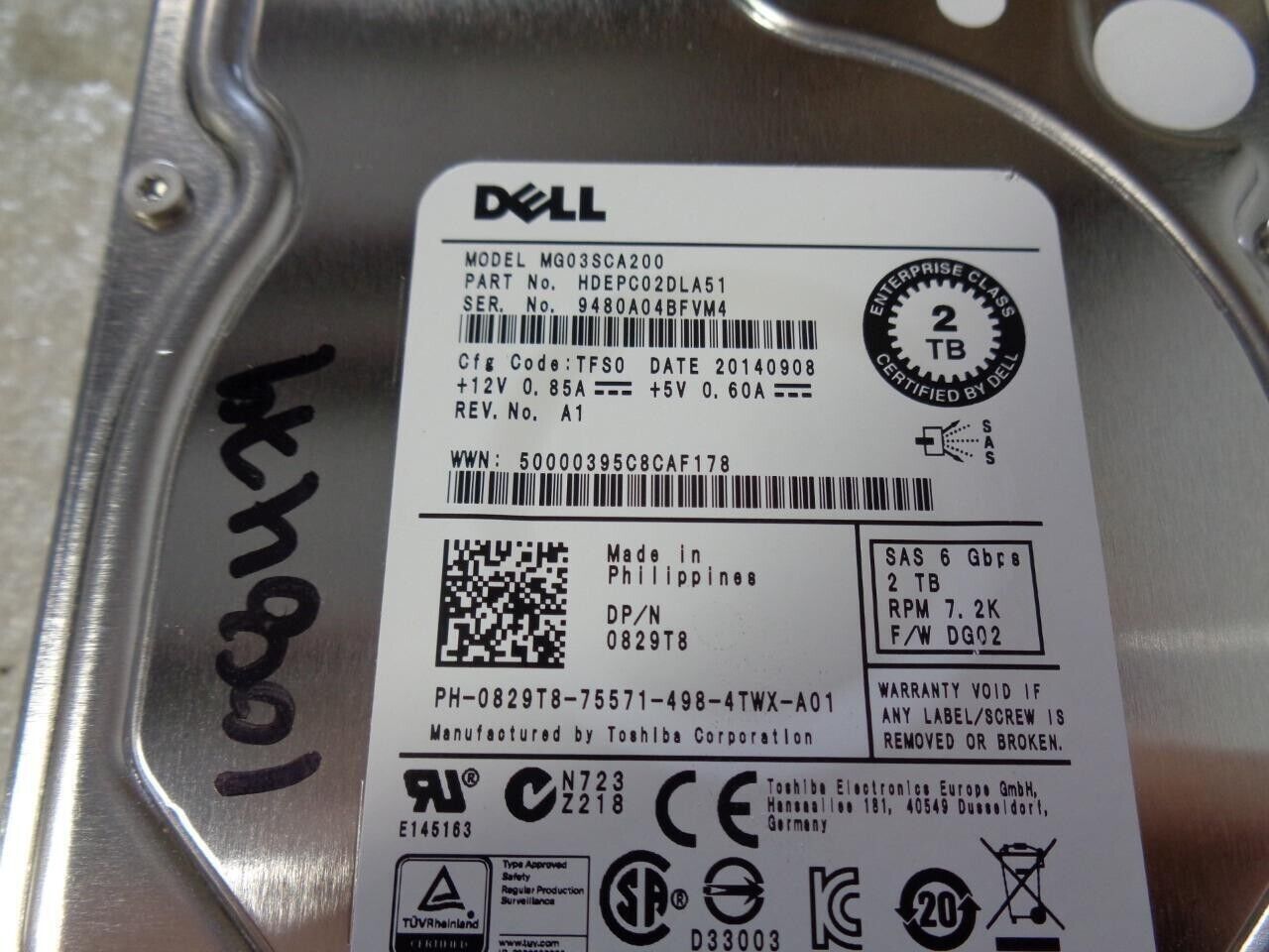 Dell 0829T8 829T8 2TB 7.2K RPM 6Gbs 3.5 SAS Hard Drive MG03SCA200